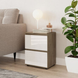 Urbn-Living Urbnliving 49Cm Height Glossy 2 Drawers Bedside Cabinet Chest Of Drawers With Smooth Metal Runner Oak & White