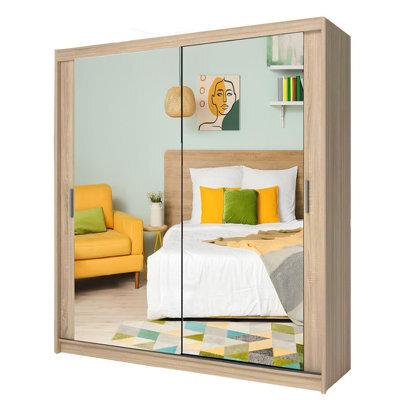 Ie Milan Sliding Mirror Door Wardrobe With Drawers & Shelves - Modern Bedroom Wardrobe, Oak, (203 Cm X 216Cm ) - image 1