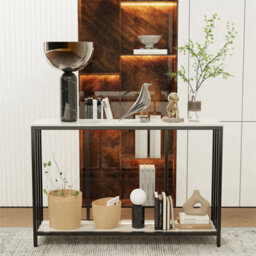 Marble Console Table Black Metal Frame With Shelf Side Table Bookshelf - thumbnail 3