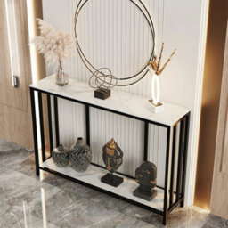 Marble Console Table Black Metal Frame With Shelf Side Table Bookshelf - thumbnail 5