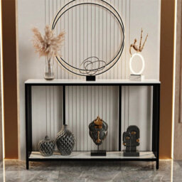Marble Console Table Black Metal Frame With Shelf Side Table Bookshelf - thumbnail 4