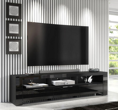 Furneo 200Cm Black Long Tv Stand Unit Cabinet Matt & High Gloss White Led Lights Phantom 10 - image 1