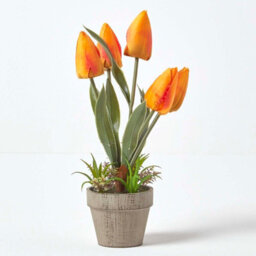 Homescapes Artificial Orange & Red Handcrafted Tulips In Grey Decorative Stone Pot, 27 Cm - thumbnail 5