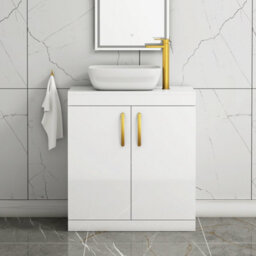 Royal Bathrooms Turin 800mm Floor Standing Vanity Unit 2 Door Gloss White & Countertop Basin - Elva With Brushed Brass Handle - thumbnail 1