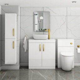 Royal Bathrooms Turin 800mm Floor Standing Vanity Unit 2 Door Gloss White & Countertop Basin - Elva With Brushed Brass Handle - thumbnail 2