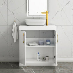 Royal Bathrooms Turin 800mm Floor Standing Vanity Unit 2 Door Gloss White & Countertop Basin - Elva With Brushed Brass Handle - thumbnail 3