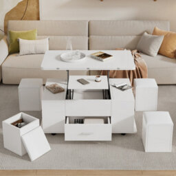 Lift Top Coffee Table With Wheels, 4 Stools, Hidden Storage And Extendable Design - thumbnail 1