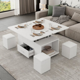 Lift Top Coffee Table With Wheels, 4 Stools, Hidden Storage And Extendable Design - thumbnail 5