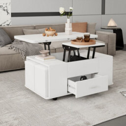 Lift Top Coffee Table With Wheels, 4 Stools, Hidden Storage And Extendable Design - thumbnail 6