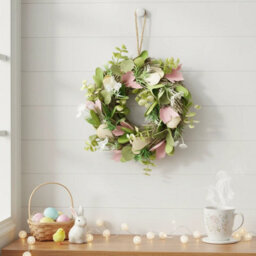 Urbn-Living Urbnliving 34Cm Green Cream & Pink Hanging Door Wreath Round Spring Easter Christmas Wall Décor Traditional Festive - thumbnail 4