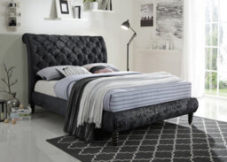Save On Goods UK 4Ft6 Double Black Crushed Velvet Fabric Scroll Sleigh Chesterfield Button Back Fabric Upholstered Bed Frame - thumbnail 1
