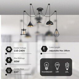 5 Head Spider Pendant Light Height Adjustable Metal Wire Cage 60W E27 Holder 110-240V Hanging Light - thumbnail 3