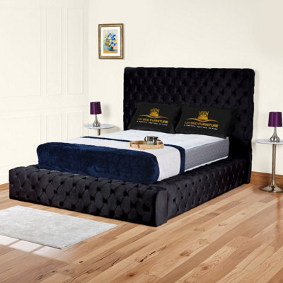 UKBEDFURNITURE Ambassador Black Plush Valvet Upholstered Bed Frame - Blackboard With 10 Inch Orthopedic Mattress - 54 Inch Headboard - image 1