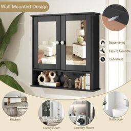 Costway Wooden Bathroom Mirror Cabinet Wall Mounted Medicine Cabinet-Brlack - thumbnail 4