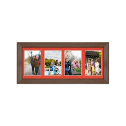 AK Frames 50X20Cm Walnut Classic Multi Photo Frame With Poppy Red Mount - Holds 4 Apertures (4X) 6X4 Photos