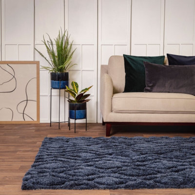Blue Modern , Shaggy Easy To Clean Geometric Rug For Living Room, Bedroom - 160 X 230Cm - image 1