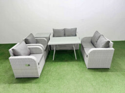 Fimous 6 Seater Rattan Garden Furniture Set Outdoor Love Sofa Set With Rectangular Dining Table Side Table Light Grey - thumbnail 1