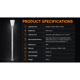 Gwsolar 237Cm Solar Post Light Aluminium Garden Pole Lamp, 400Lm Remote Control With Timer, Ip65 Waterproof Driveway Entrance - thumbnail 6