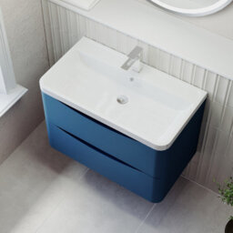 Balterley Dunwood Wall Hung 2 Drawer Bathroom Vanity Unit & Polymarble Basin, Satin Blue, 755mm - thumbnail 3