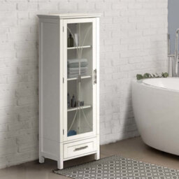 Teamson Home Freestanding Tall Column Bathroom Cabinet With Glass Panelled Door, Bathroom Storage, White - thumbnail 1