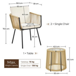 Yaheetech 3 Piece Tan/cream Wicker Outdoor Patio Bistro Set With Cushions & Pillows - thumbnail 3
