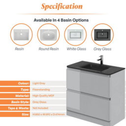 Plum&clay Marvel Gloss Light Grey Floor Standing Bathroom Vanity Unit With Grey Glass Basin (W)900mm - thumbnail 5