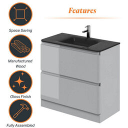 Plum&clay Marvel Gloss Light Grey Floor Standing Bathroom Vanity Unit With Grey Glass Basin (W)900mm - thumbnail 6