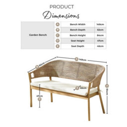 Furniturebox Asa Wooden Garden Bench - 3 Seater Wicker Rattan Garden Bench, Outdoor & Patio Dining Bench, Wood & Cream Cushions - thumbnail 7