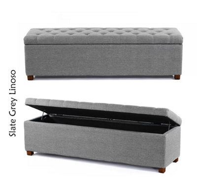 Linoso Chesterfield Slate Grey Ottoman Storage Box With Square Wooden Legs - Upholstered Blanket Box (180W X 40D X 45H Cm) - image 1