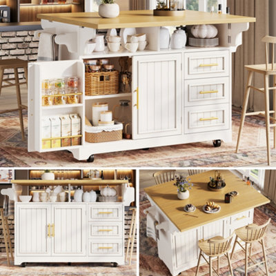 Btm Kitchen Island With Extendable Dining Table Rolling Buffet Storage Cabinet Vertical Groove Doors Large Drawer Fold Out Worktop - image 1
