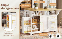 Btm Kitchen Island With Extendable Dining Table Rolling Buffet Storage Cabinet Vertical Groove Doors Large Drawer Fold Out Worktop - thumbnail 9