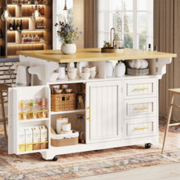 Btm Kitchen Island With Extendable Dining Table Rolling Buffet Storage Cabinet Vertical Groove Doors Large Drawer Fold Out Worktop - thumbnail 3