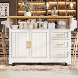 Btm Kitchen Island With Extendable Dining Table Rolling Buffet Storage Cabinet Vertical Groove Doors Large Drawer Fold Out Worktop - thumbnail 2