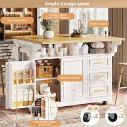 Btm Kitchen Island With Extendable Dining Table Rolling Buffet Storage Cabinet Vertical Groove Doors Large Drawer Fold Out Worktop - thumbnail 7