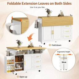 Btm Kitchen Island With Extendable Dining Table Rolling Buffet Storage Cabinet Vertical Groove Doors Large Drawer Fold Out Worktop - thumbnail 6