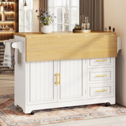 Btm Kitchen Island With Extendable Dining Table Rolling Buffet Storage Cabinet Vertical Groove Doors Large Drawer Fold Out Worktop - thumbnail 5