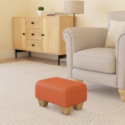 Mango Orange Natural Wood Chunky Legs Faux Leather Small Footstool  Handmade Uk By Footstools Direct