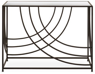Orsina Mirrored Glass Top Console Table, Sleek Black Industrial Iron Frame With Curved Side Detailing - image 1
