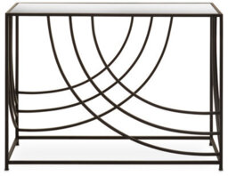 Orsina Mirrored Glass Top Console Table, Sleek Black Industrial Iron Frame With Curved Side Detailing - thumbnail 1