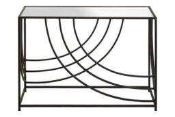 Orsina Mirrored Glass Top Console Table, Sleek Black Industrial Iron Frame With Curved Side Detailing - thumbnail 4