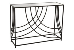 Orsina Mirrored Glass Top Console Table, Sleek Black Industrial Iron Frame With Curved Side Detailing - thumbnail 3