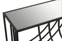 Orsina Mirrored Glass Top Console Table, Sleek Black Industrial Iron Frame With Curved Side Detailing - thumbnail 2