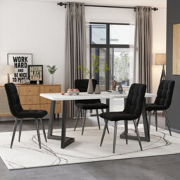 Abrihome 117X68Cm Modern Rectangular Dining Table With Marble Pattern & Metal Legs, Black/white