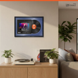 "AK Frames 25X17"" Black Classic Vinyl Record Frame With Blue Mount For 12 Inch Lp Cover & Disc - Overlapped Design" - thumbnail 5