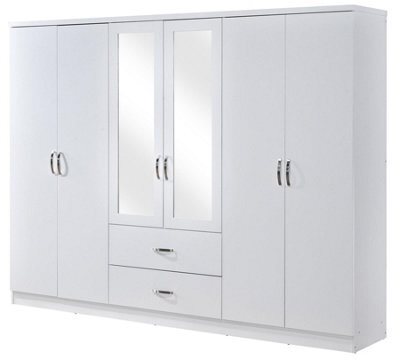 Swish Furniture White 6 Door 2 Drawer Mirrored Wardrobe Chrome Handles Paddington Clothes Rail - image 1