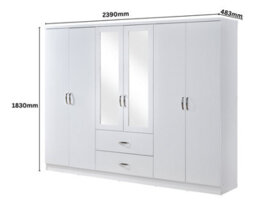 Swish Furniture White 6 Door 2 Drawer Mirrored Wardrobe Chrome Handles Paddington Clothes Rail - thumbnail 6