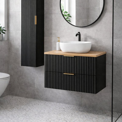 Impact Furniture Wall Hung Vanity Unit With Basin 800mm Oak Effect Countertop Black Ribbed 2 Drawer Bathroom Cabinet Adel - image 1