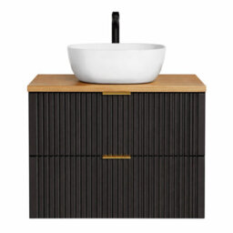Impact Furniture Wall Hung Vanity Unit With Basin 800mm Oak Effect Countertop Black Ribbed 2 Drawer Bathroom Cabinet Adel - thumbnail 2