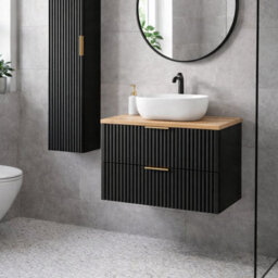 Impact Furniture Wall Hung Vanity Unit With Basin 800mm Oak Effect Countertop Black Ribbed 2 Drawer Bathroom Cabinet Adel - thumbnail 1