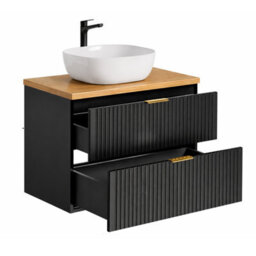 Impact Furniture Wall Hung Vanity Unit With Basin 800mm Oak Effect Countertop Black Ribbed 2 Drawer Bathroom Cabinet Adel - thumbnail 3